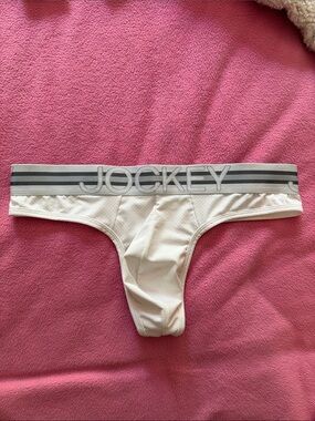 Jockey White Low-Rise Thong with Gray Logo Waistband